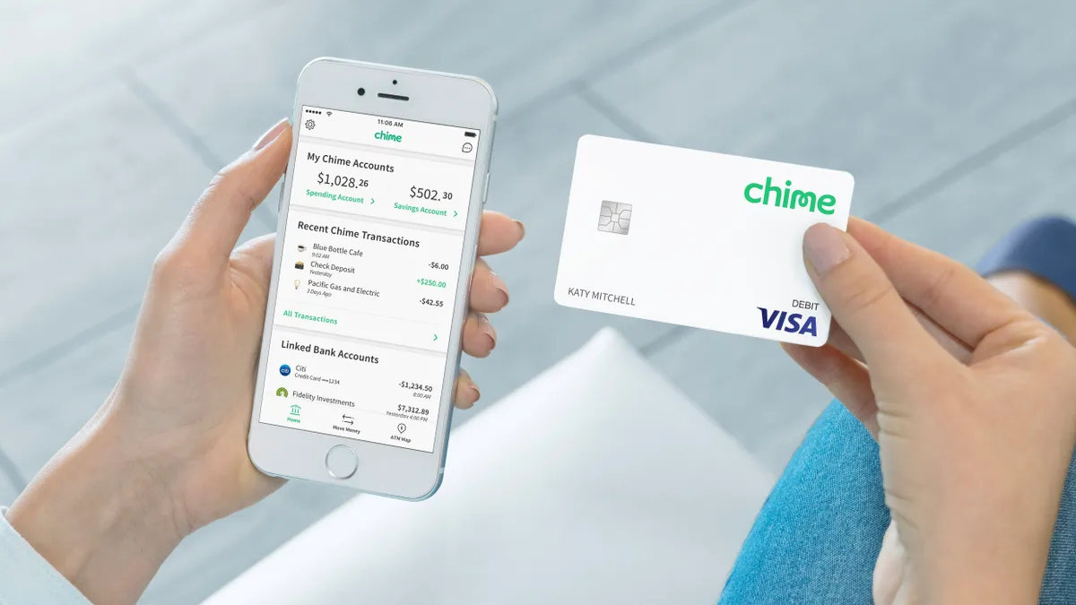 An overhead look at Chime's mobile app and debit card.