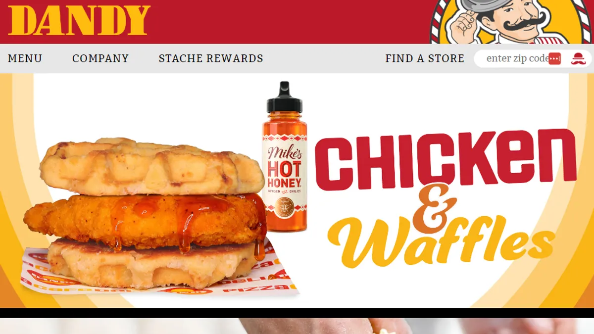 A screenshot of Dandy's website showing its new waffle sandwiches.