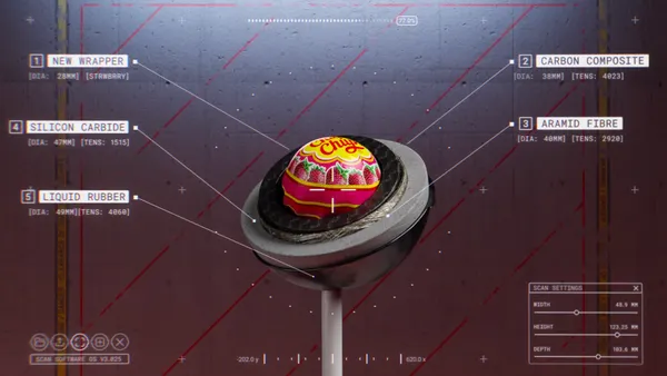A screenshot of a video showing Chupa Chups' "impossible" lollipop's various coatings.