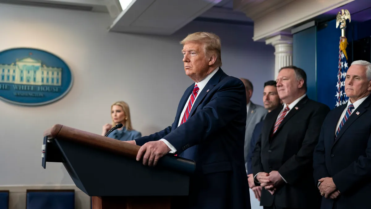 President Donald J. Trump, joined by Vice President Mike Pence and members of the White House Coronavirus Task Force, delivers remarks at a coronavirus (COVID-19) press briefing Friday, March 20, 2020