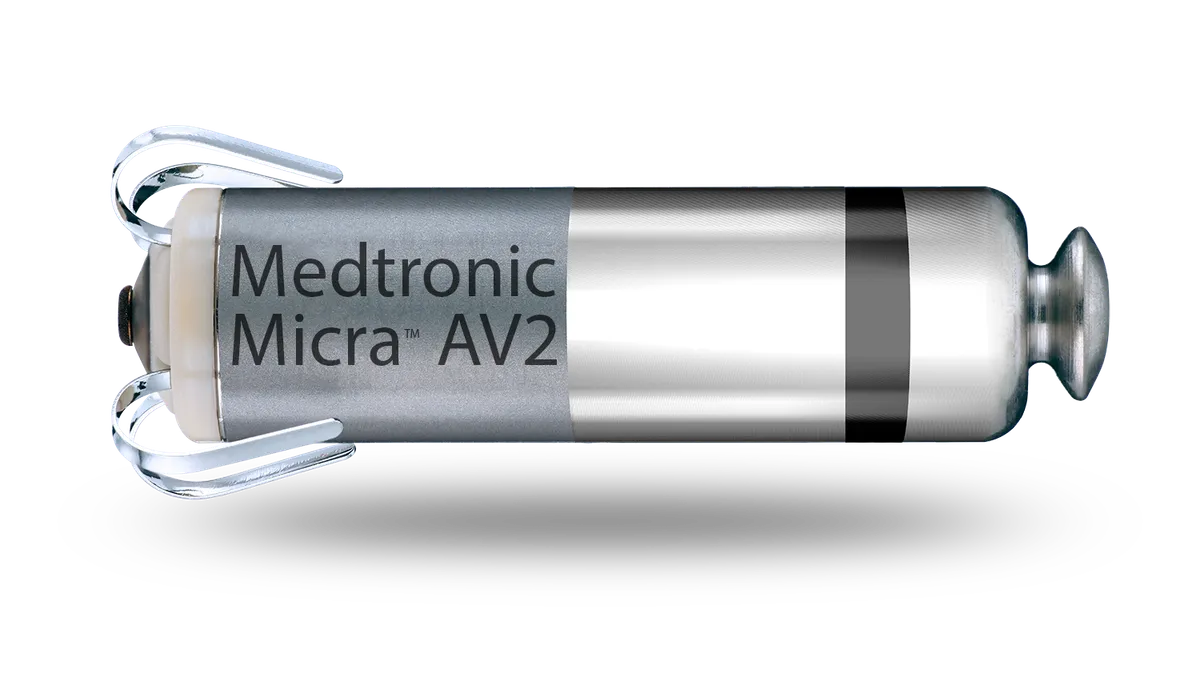 A metal, cylindrical device says "Medtronic Micra AV2"