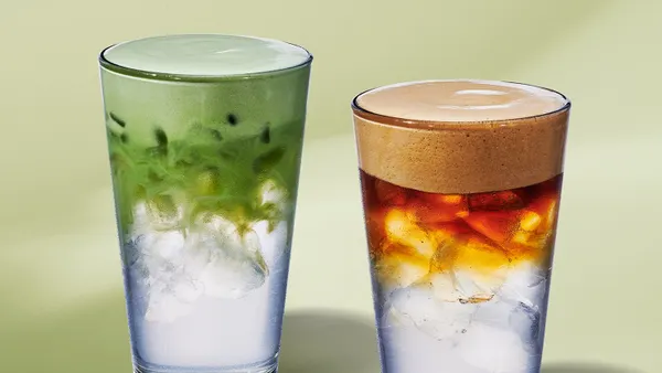 Two drinks, a coconut water matcha cold foam one on the left and the same base but with cold brew cold foam on the right.