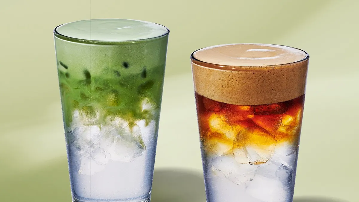 Two drinks, a coconut water matcha cold foam one on the left and the same base but with cold brew cold foam on the right.