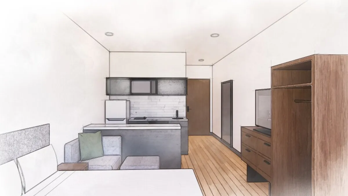 A rendering of a hotel room