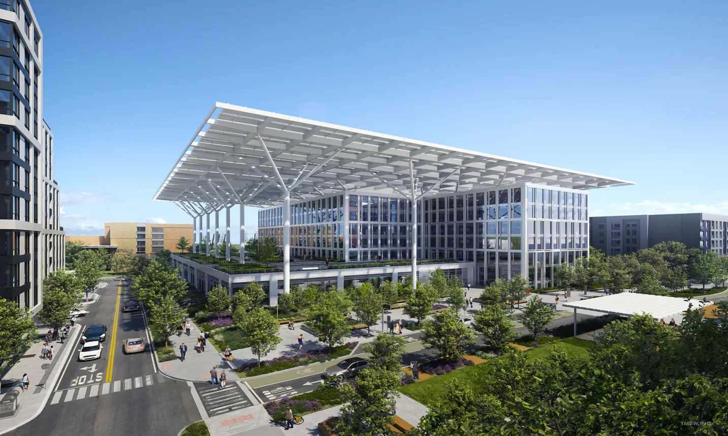 A rendering of a tall, glassy, angular building looms in the background on a busy street.