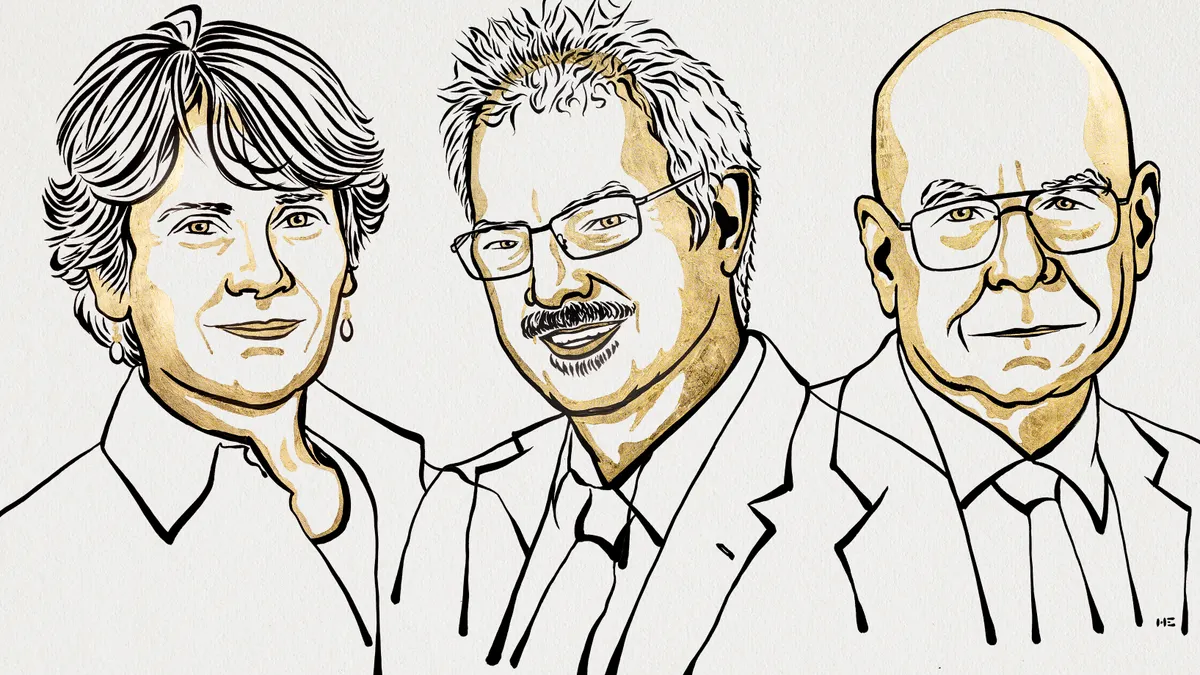 An illustration of Carolyn R. Bertozzi, Morten Meldal, K. Barry Marshall, winners of the 2022 Nobel Prize in Chemistry.
