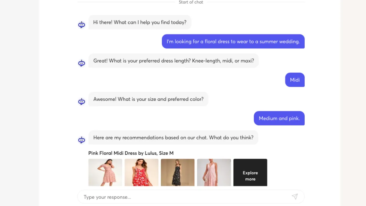 Screen of a chatbot conversation happening where dresses are recommended.