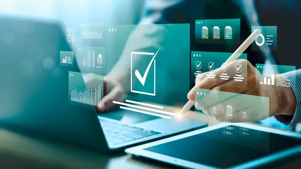 Digital approval and task management with futuristic interface. Businessman using stylus on tablet to complete checklist, analyze data on smart dashboard. Concept of workflow automation, e-signature.