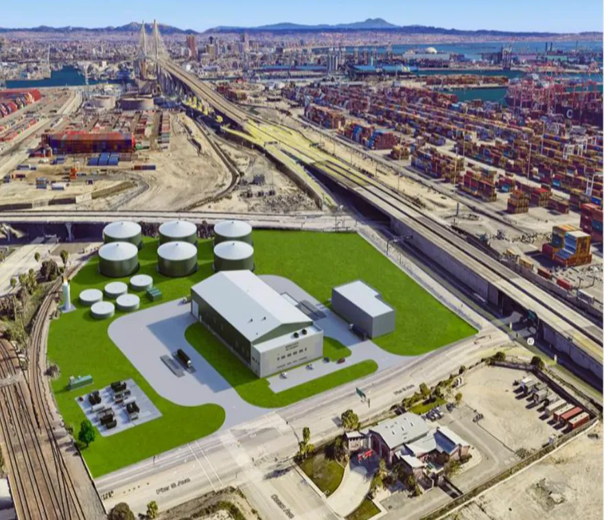 Aerial rendering of a planned anaerobic digester in Long Beach, California, in an industrial area