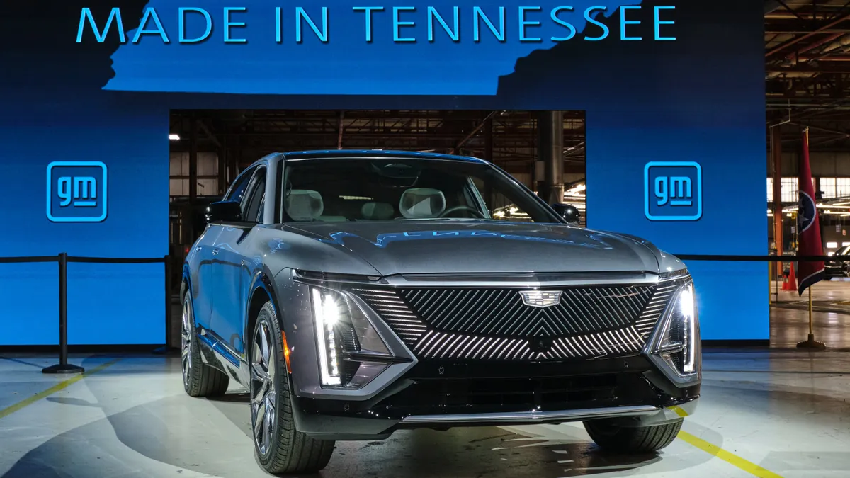 The first 2023 Cadillac LYRIQ on display at General Motors' Spring Hill production facility in Tennessee.