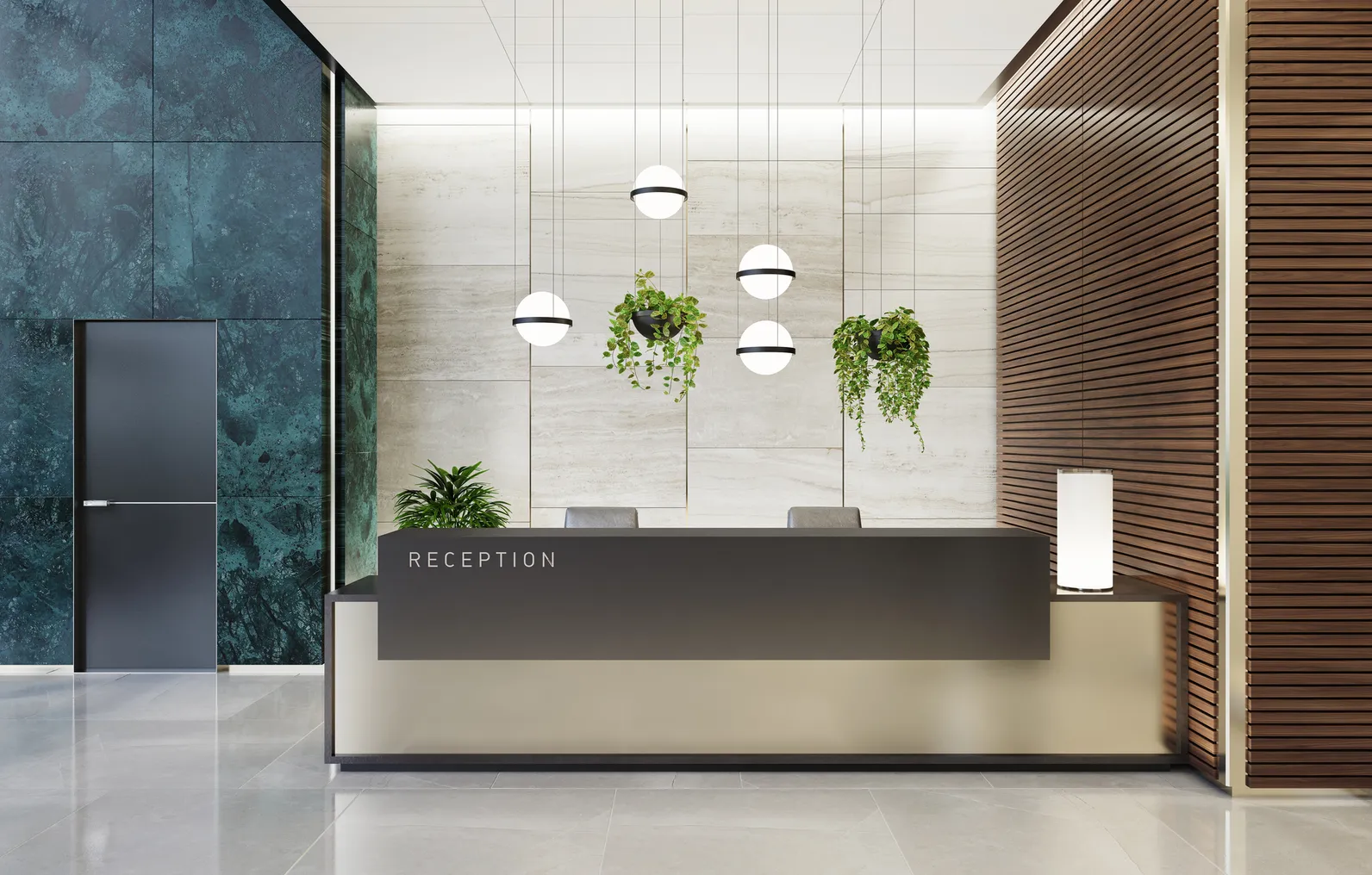 A modern and luxurious office lobby interior with elevators and stairs. The lobby features a long reception desk, green marble tiles on the walls.