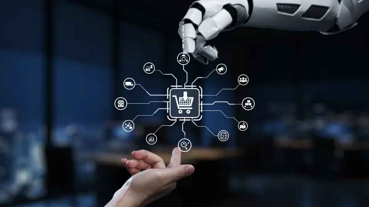 A robotic hand interacts with a human hand, surrounded by a digital interface showing a shopping cart and various icons, symbolizing AI in e-commerce.