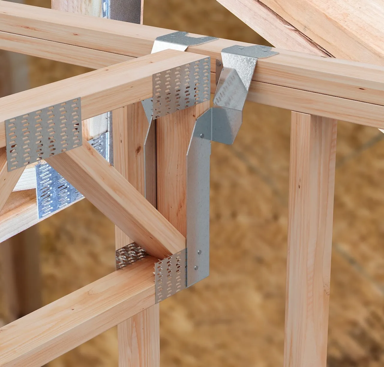 A wood-frame structure connected by metal joists.