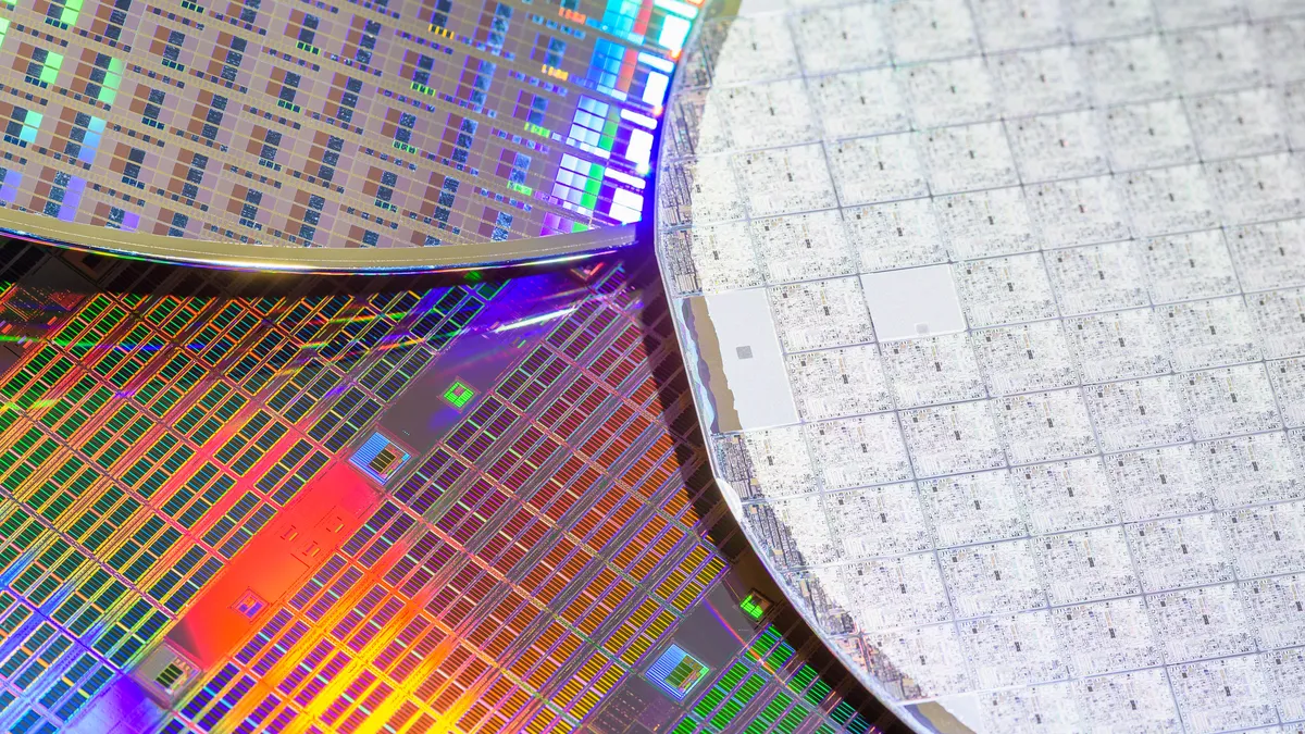 A close up of semiconductor wafers.