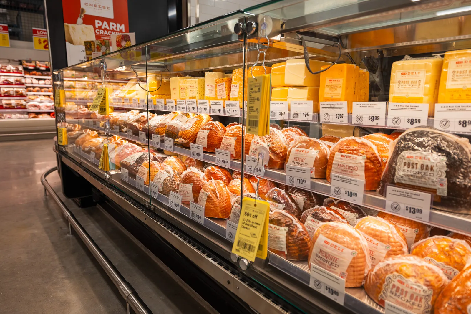 A meat case at a grocery store.