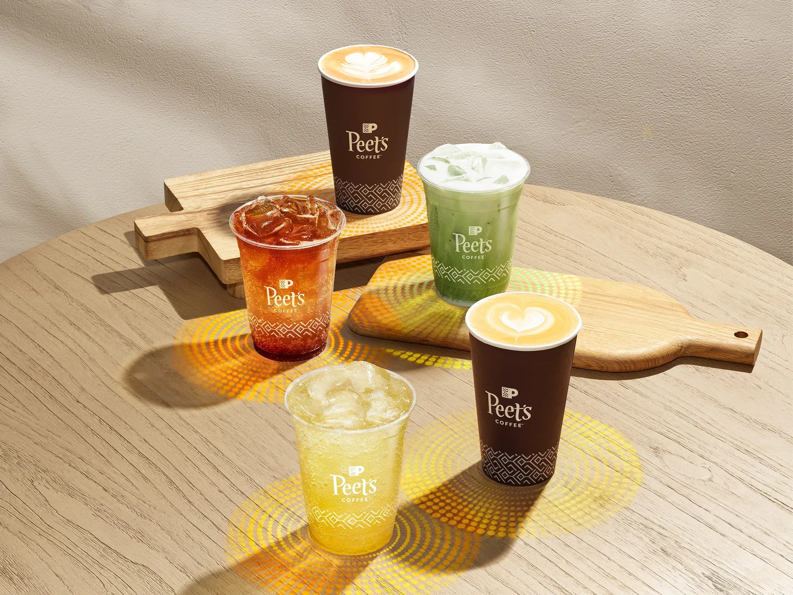 A photo of serveral drinks from Peet's coffee