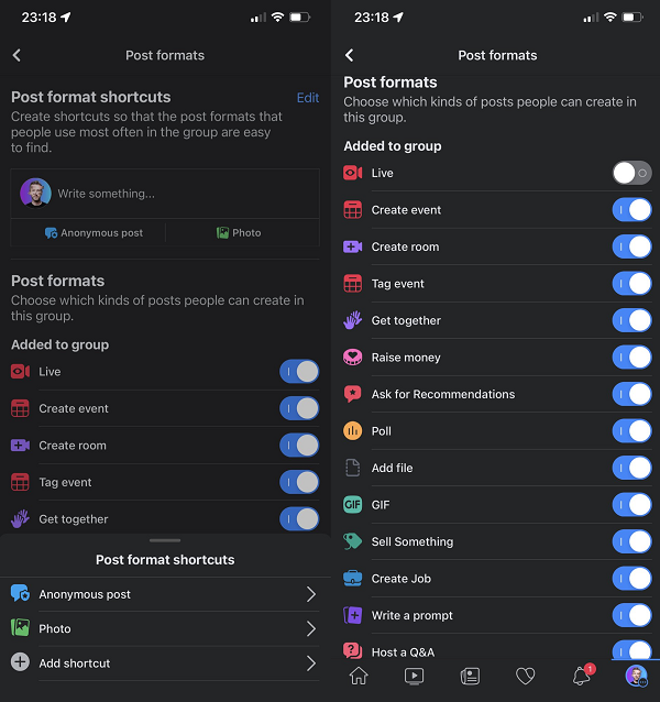 Facebook group post options