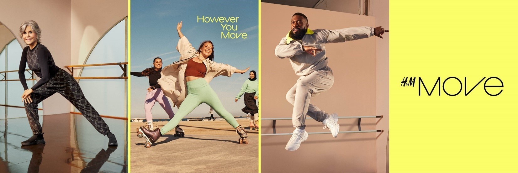 Three panels of pictures with people wearing H&M's new athleticwear including Jane Fonda on the left, a central photo of people on roller skates, and choreographer JaQuel Knight on the right.