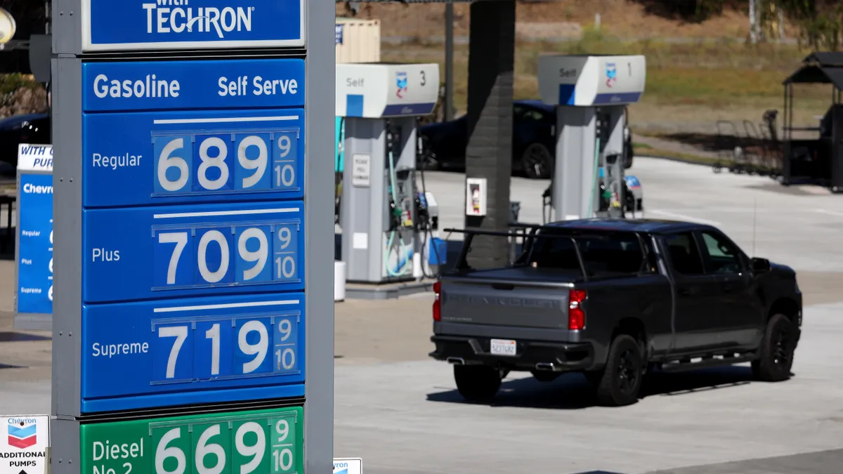 A sign shows elevated gas prices in California.