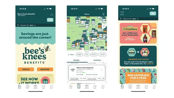 Three mobile phone screenshots. The first shows a welcome screen that says "Sabvings are just around the corner! Bee's Knees benefits. Sign in. Register. See how it works." The second shows a map with store locations highlighter. The final shows several rectangles. One says Get a fere item every Wednesday June 11-October 1."