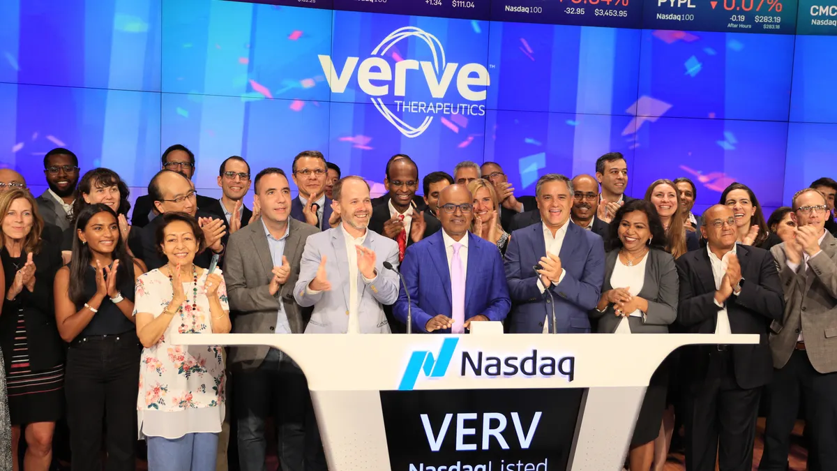 Sekar Kathiresan and the Verve team ring the Nasdaq closing bell for their company's IPO in June.