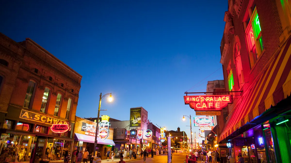 The music district of Beale Street in downtown Memphis, Tennessee.