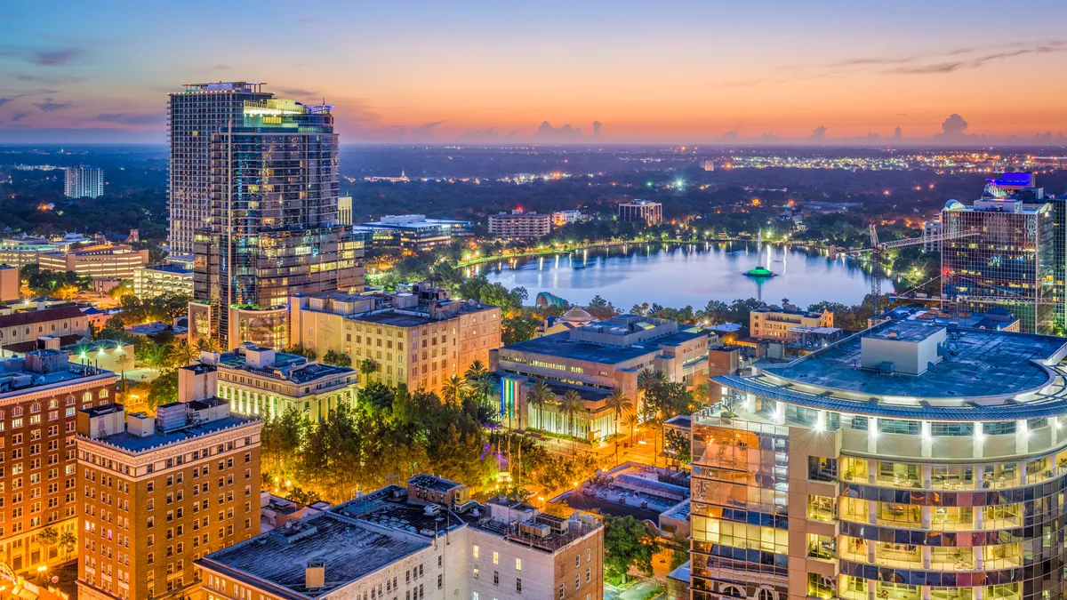 Orlando, Florida, USA aerial skyline towards Lake Eola.