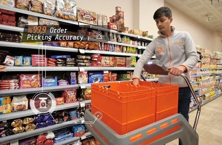 A Taro cart picks orders inside a Migros store