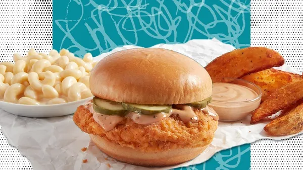 A photo of a chicken sandwich with potato wedges and macaronia dn cheese against a blue and white background.