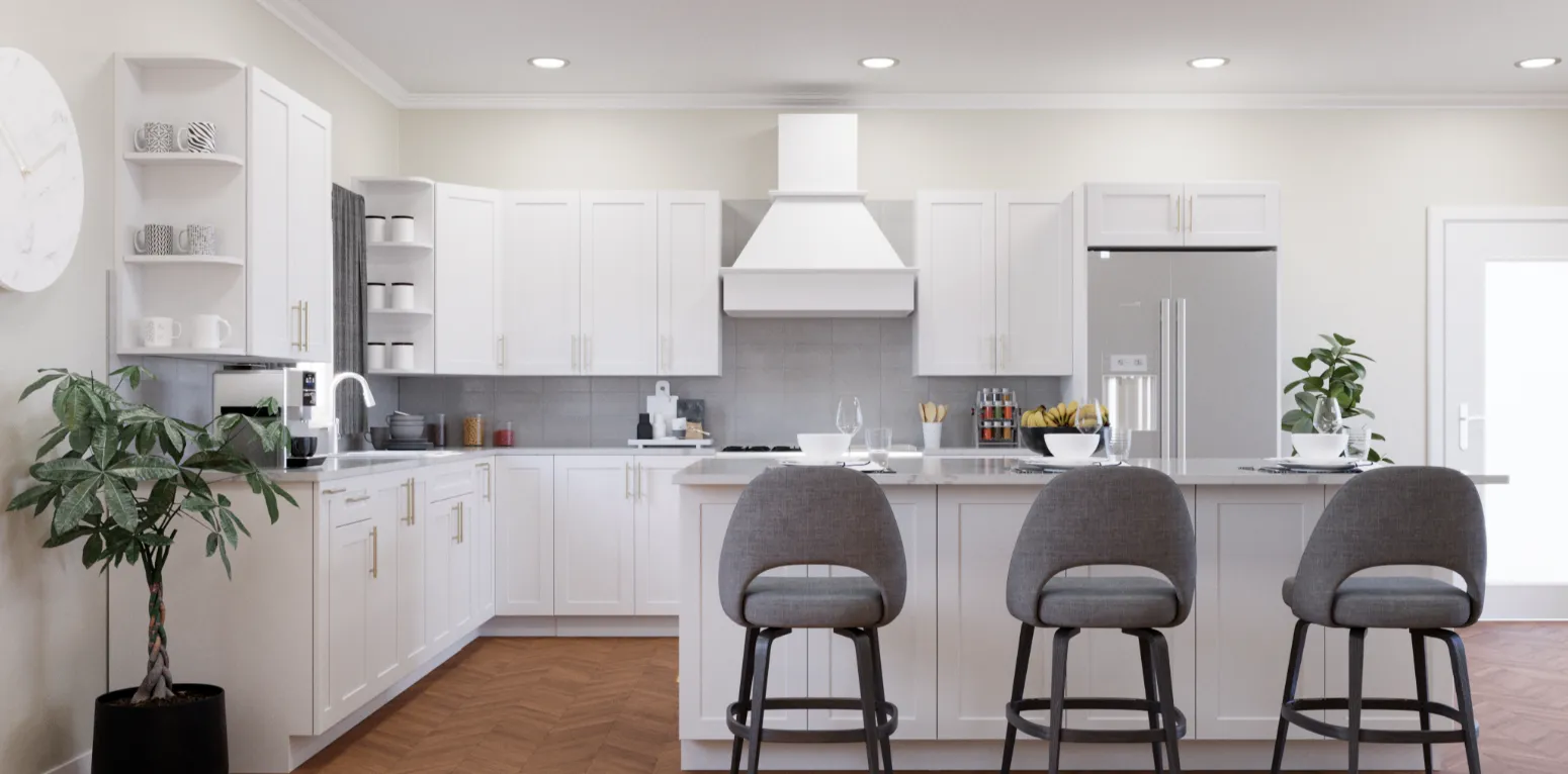 A kitchen with white cabinets.