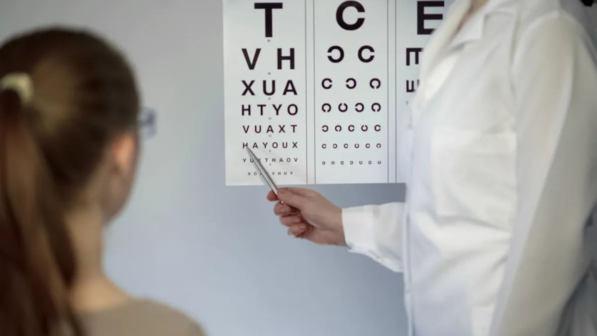 Student faces an eyesight chart on the wall while a person in a white lab coat uses a pointer to point to letters on the chart.