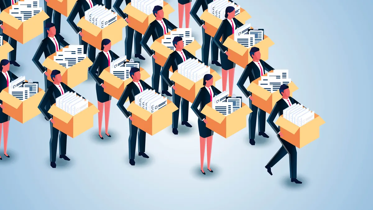 Business people carrying piles of documents in cardboard boxes