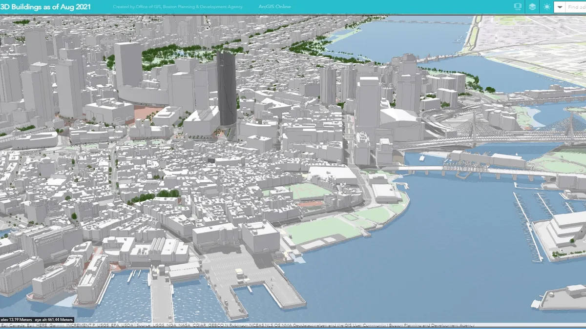 A screenshot of the city of Boston's digital twin from the Boston Planning and Development Agency website. It had last been updated on August 2021.