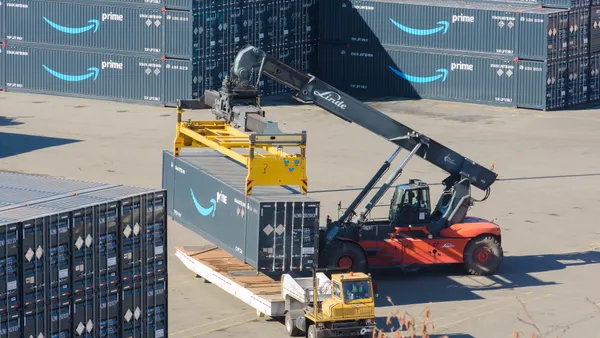 Amazon Prime-branded shipping containers being stacked at the Port of Everett in Washington with Linde equipment.