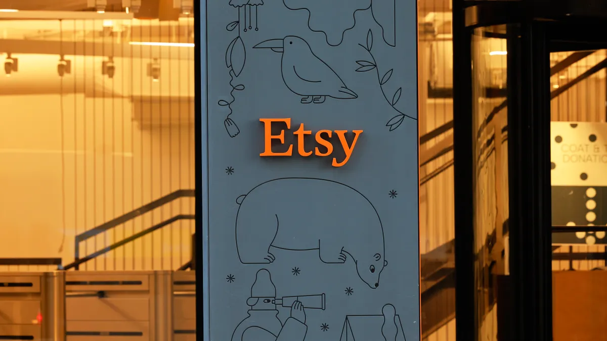 Shot of the Etsy logo outside of its NYC headquarters on Dec. 13, 2023.