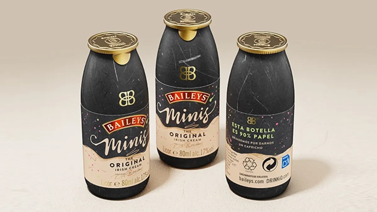 Three individual-sized paper bottles of Baileys alcoholic beverages.