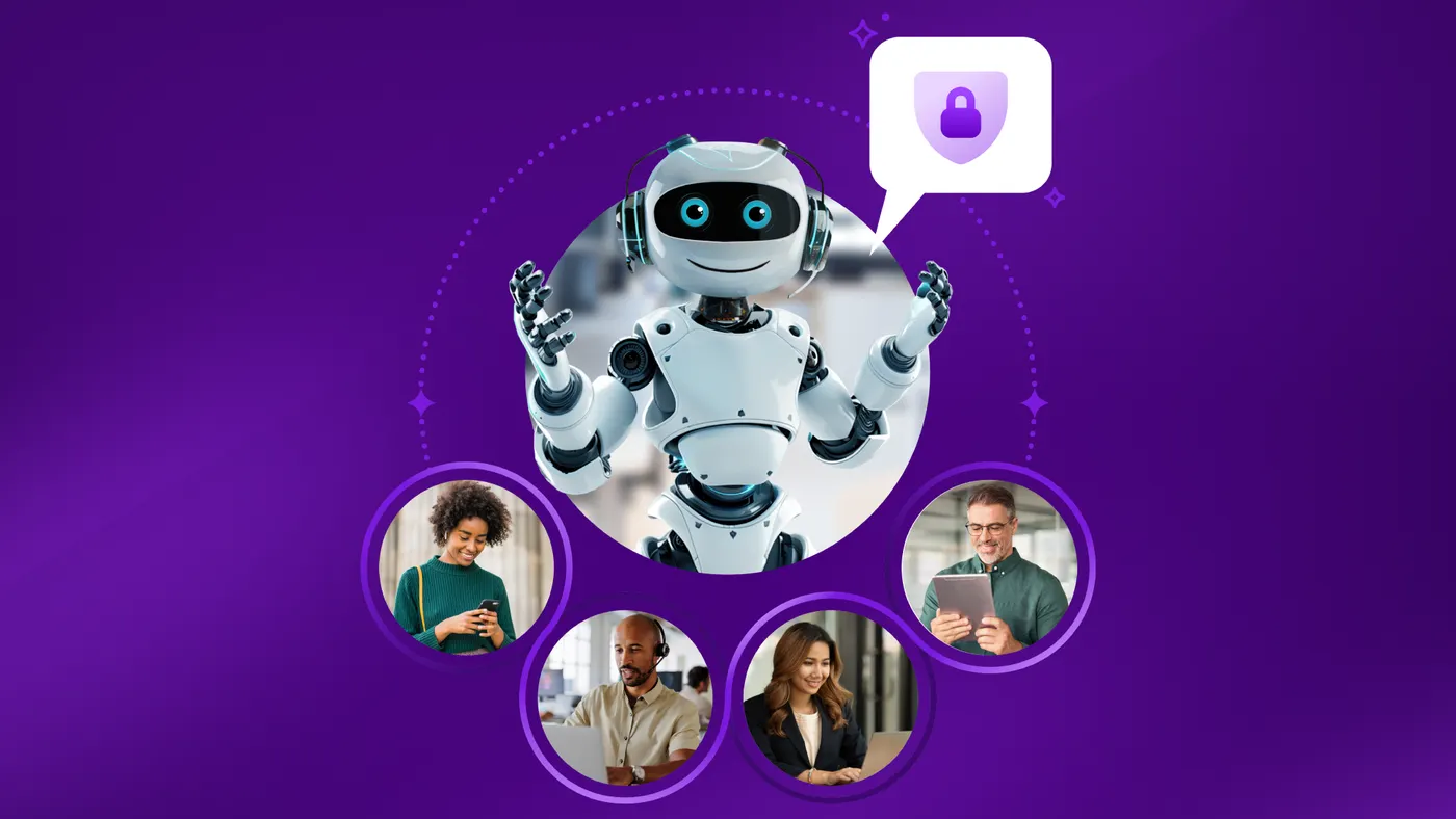 A robot illustration above 4 circle cutouts of people on computer devices.