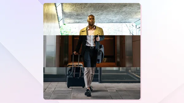 Man in three different environments - in a suit, pulling luggage, and casually walking outside