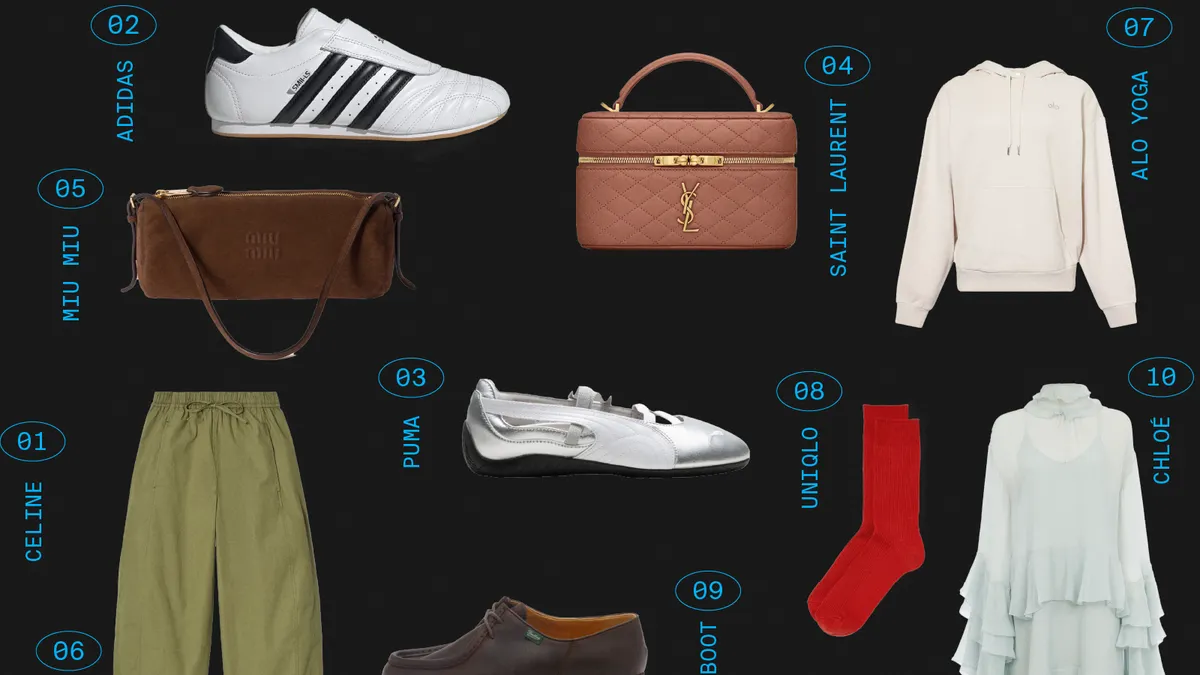 A grid layout shows a selection of products numbered to indicated their rank on the Lyst Index hottest products list.