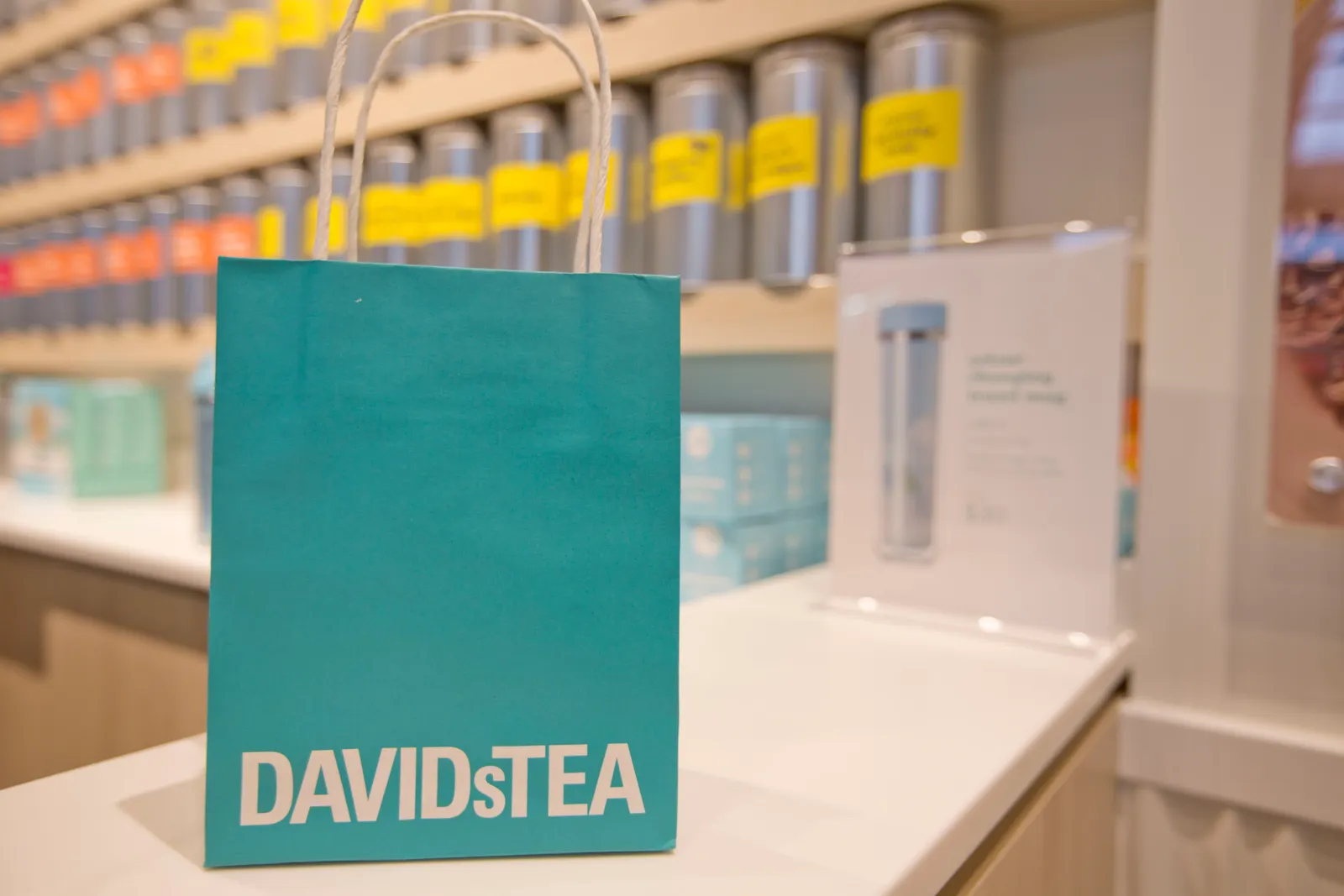 A DavidsTea shopping bag at the Tsawwassen Mills shopping mall in British Columbia.