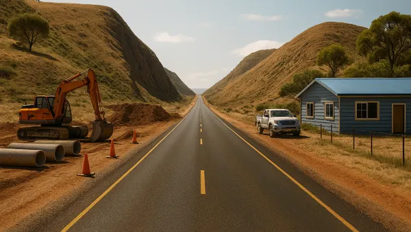 A long, freshly paved road stretches straight through a valley between two hills.