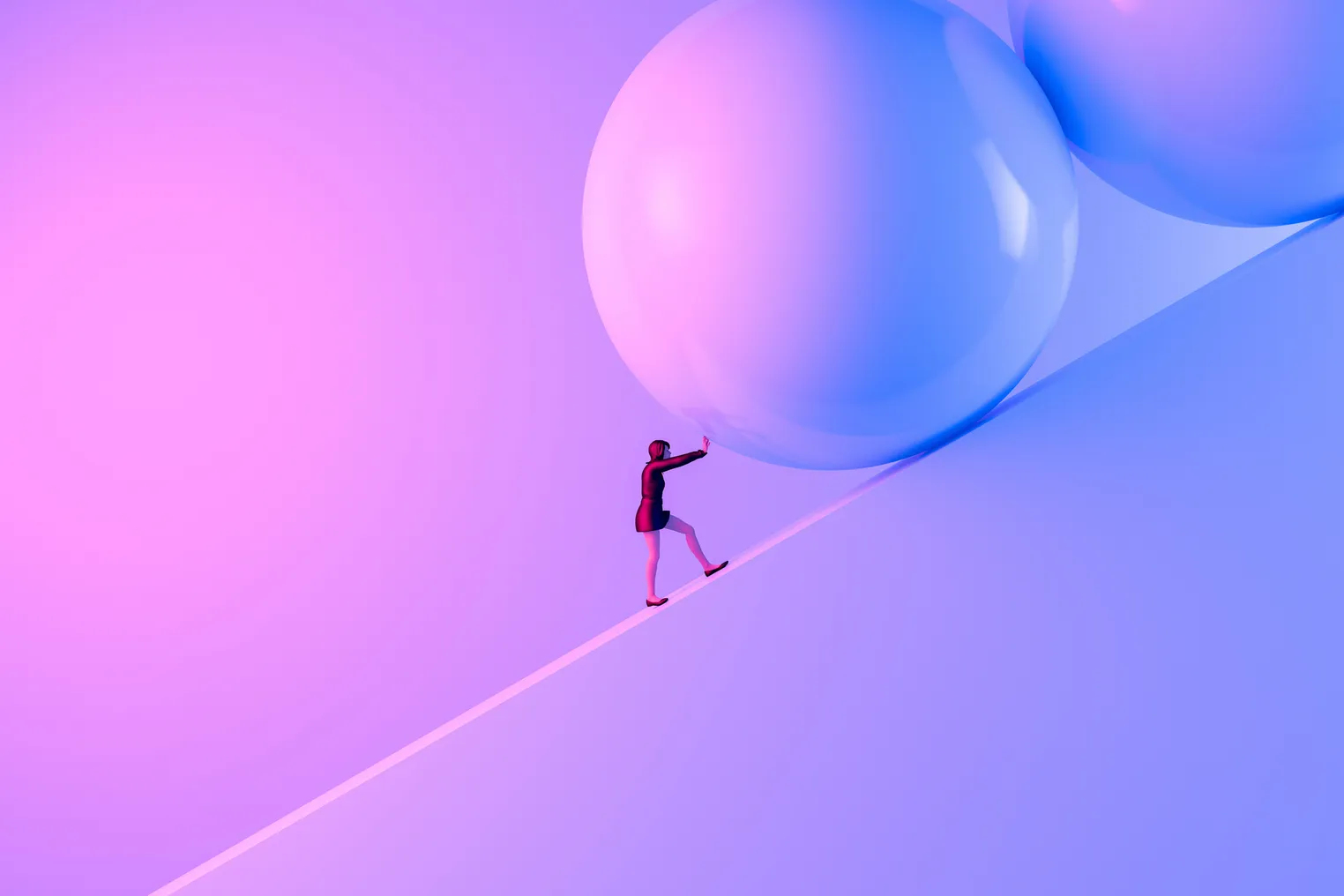 Business Woman pushing large stone uphill