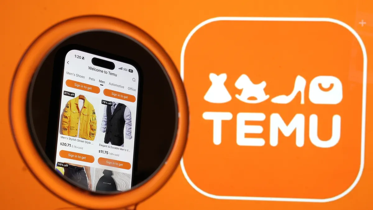 A photo illustration of the Temu app on a phone next to the Temu logo. The Temu logo is orange with icons representing a dress, toy horse, shoe and purse.