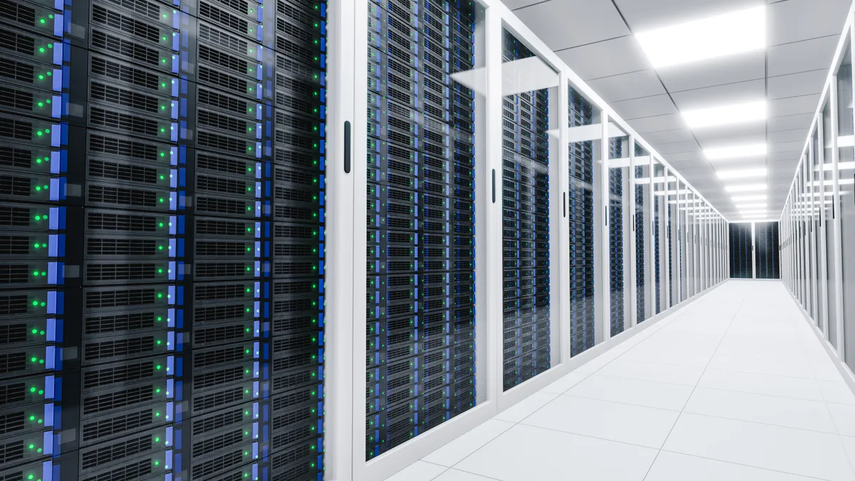 A 3D rending that shows the corridor of a data center server room.