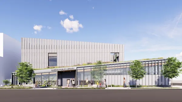 A rendering of a modern building.