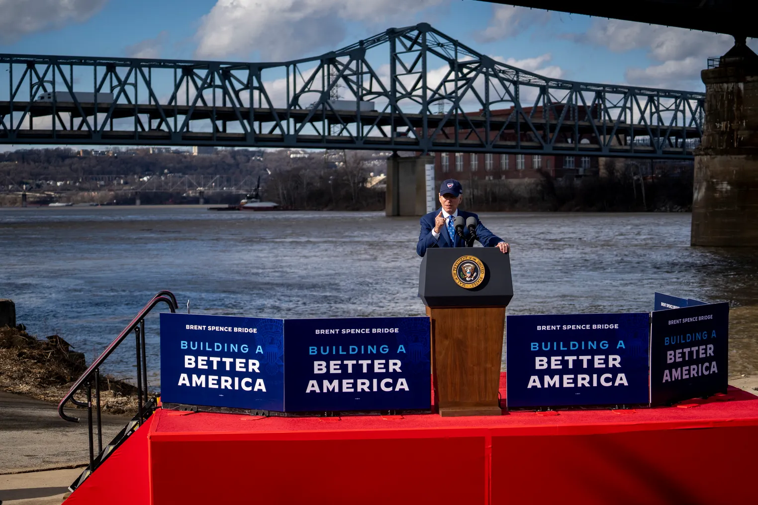 President Joe Biden in front of the Brent Spence Bridge