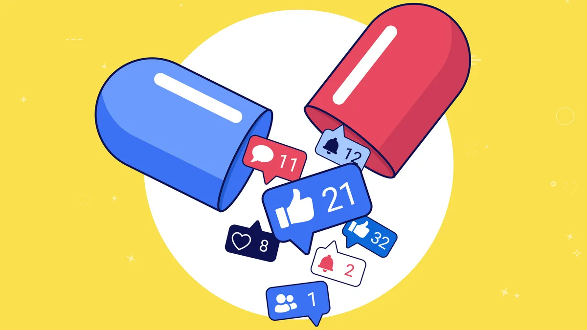 red and blue pill full of social media icons against yellow backdrop