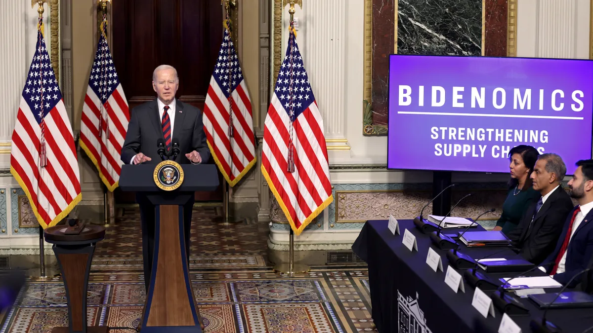 U.S. President Joe Biden speaks about supply chain resilience during an event in the Indian Treaty Room at the Eisenhower Executive Office Building.