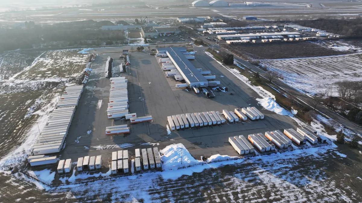 Snow is on the ground in an aerial shot of Estes Express Lines' terminal in Rockford, Illinois.