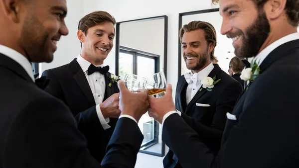 Men in tuxes as part of David's Bridal's partnership with Generation Tux.
